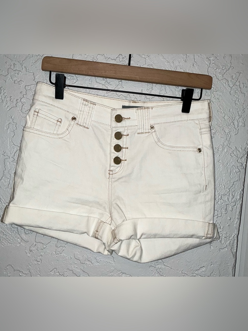 New York & Company Cream High-Rise Button-Fly Denim Shorts